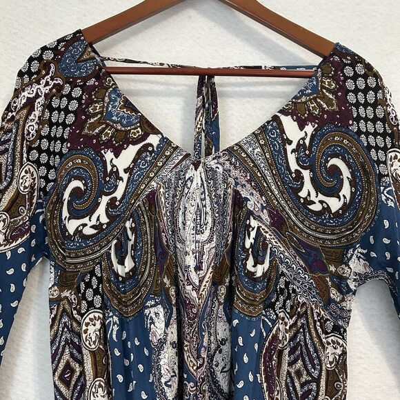 Velzera Mini Dress Women M Blue Multi Paisley TieBack Boho Peasant Gypsy Cottage - Picture 10 of 16